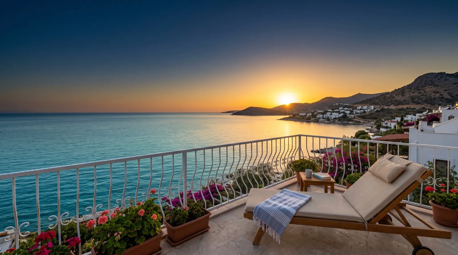 Gün batımında denize bakan, çiçekli saksılar ve şezlong bulunan geniş bir balkon