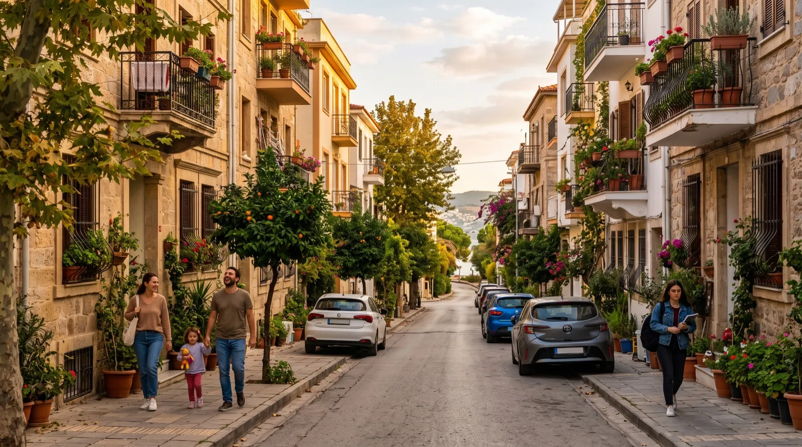 Balkonları çiçekli apartmanlar arasında, yürüyen bir aile ve bir öğrencinin olduğu ağaçlı mahalle sokağı