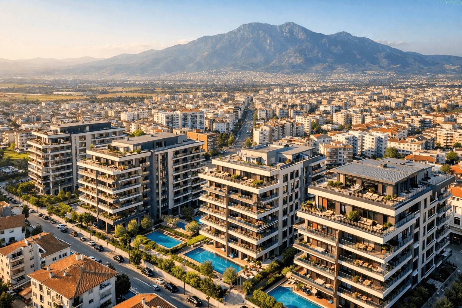 Aydın Efeler emlak sayfası için temsili şehir manzarası: dağların eteğine yayılan site blokları, apartmanlar ve ağaçlı caddeler